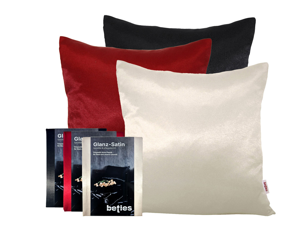 Glanz Satin Kissenbezuege ca. 40x40 cm, in den Farben schwarz, karmin-rot und champagner.