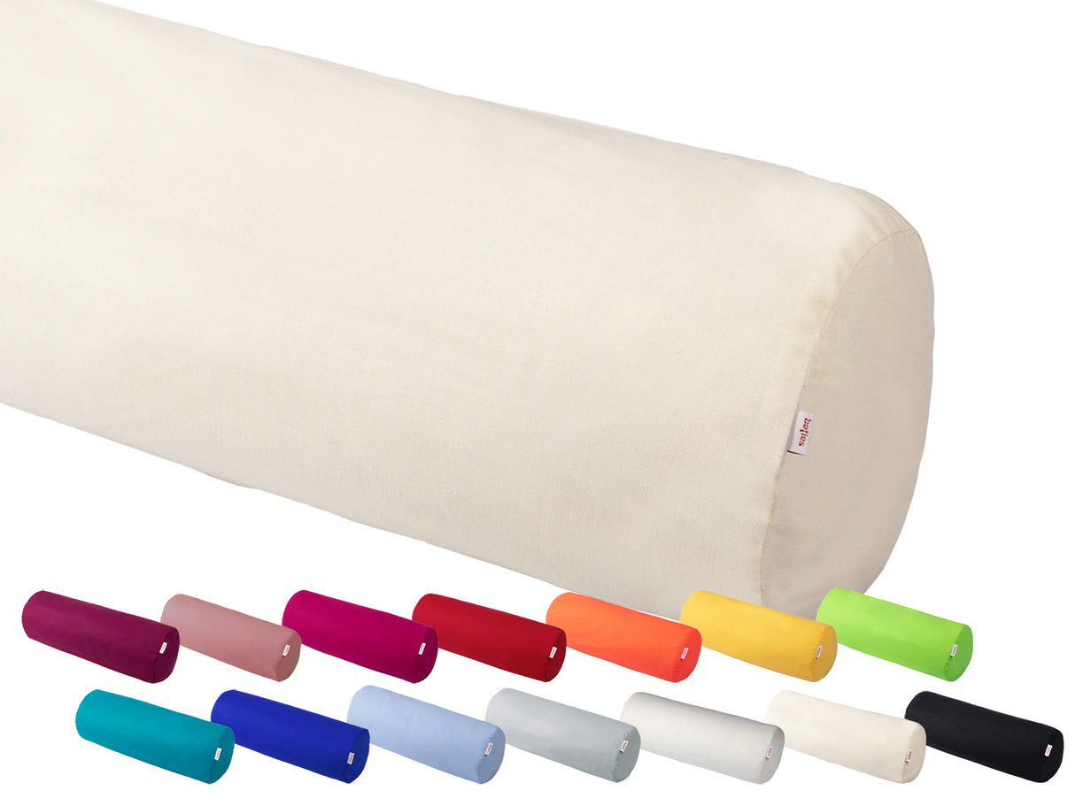 Eine hellbeige XL Rolle auf einem weissen Hintergrund. Darunter sind zwei Reihen mit Bezuegen fuer XL Rollen in den Farben Hibiskus, Altrosa, Pink, Rot, Orange, Gelb, Apfelgruen, Petrol, Royal-Blau, Hellblau, Hellgrau, Weiss, Hellbeige und Schwarz.