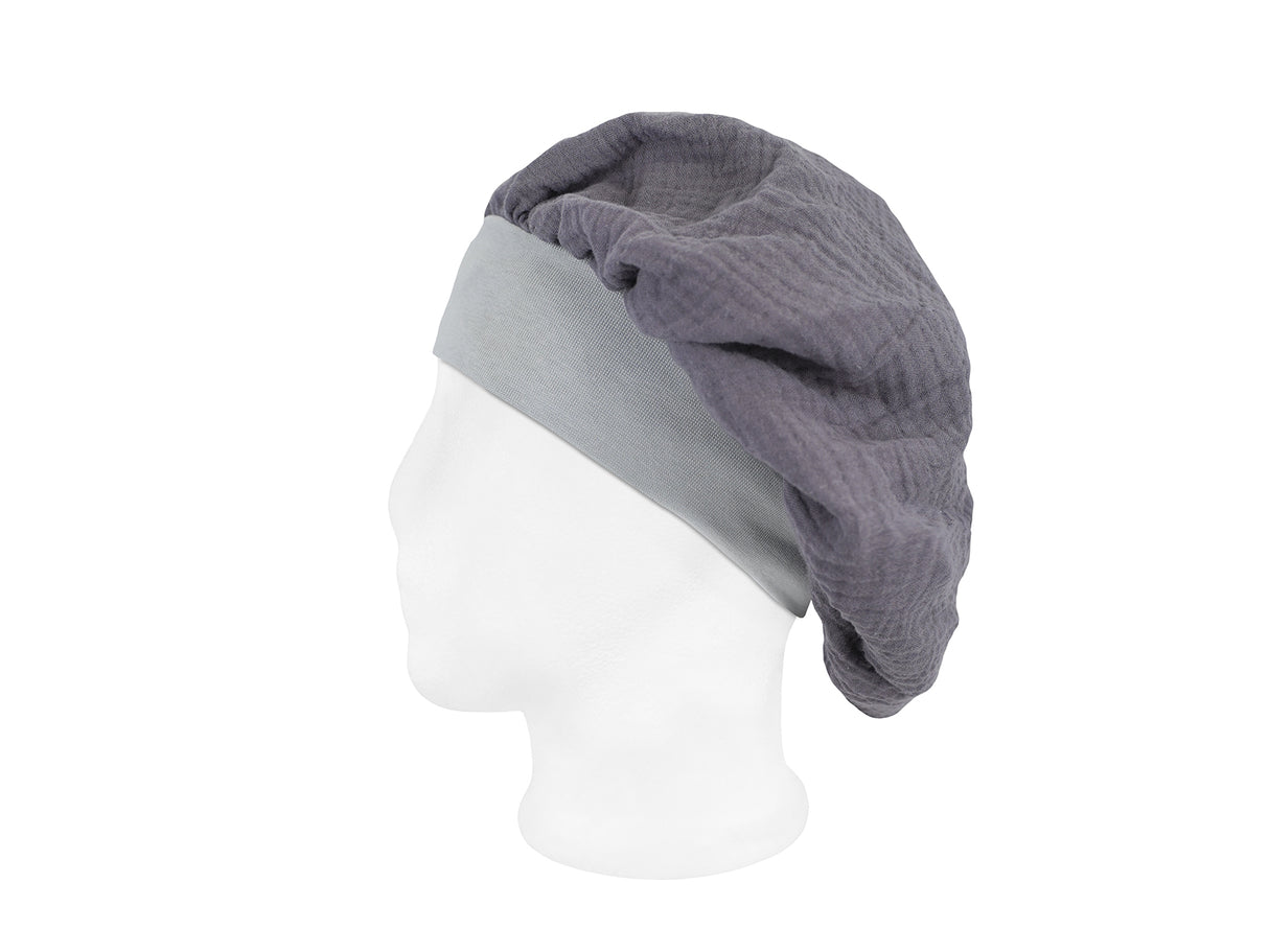 beties Musselin Bonnet Haarhaube Basalt Grau – Seitenansicht, 100% Bio-Baumwolle Musselin