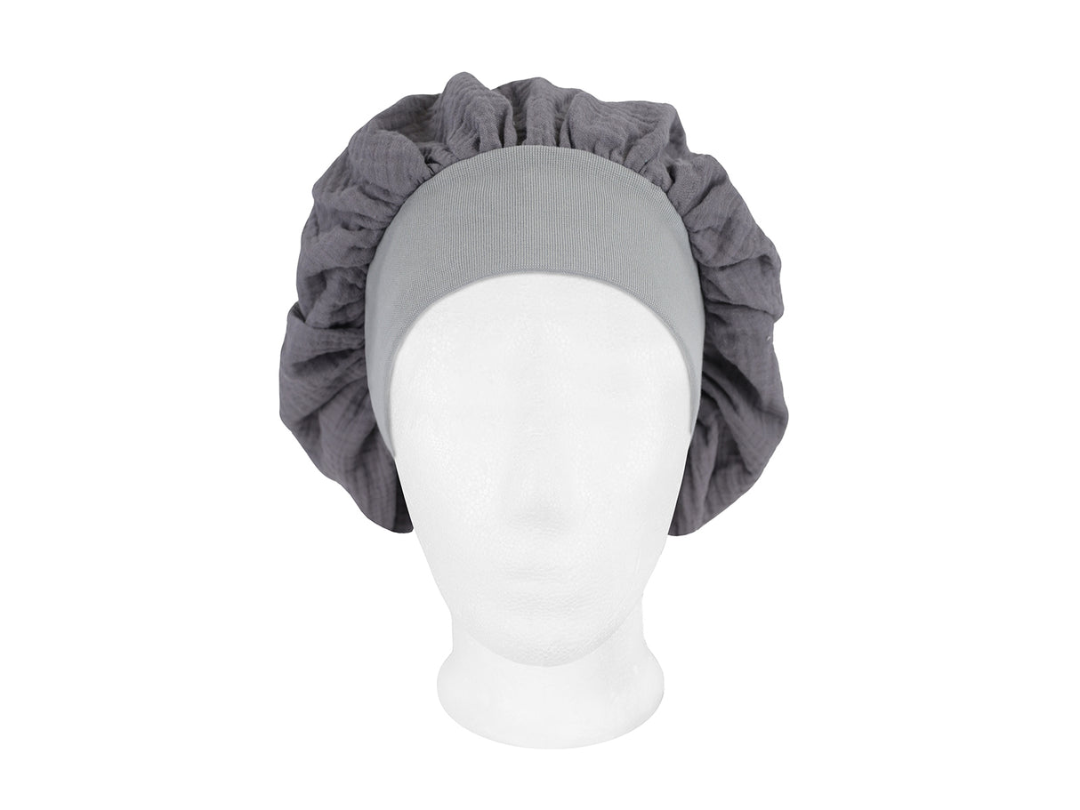 beties Musselin Bonnet Haarhaube Basalt Grau – vorderansicht, 100% Bio-Baumwolle Musselin