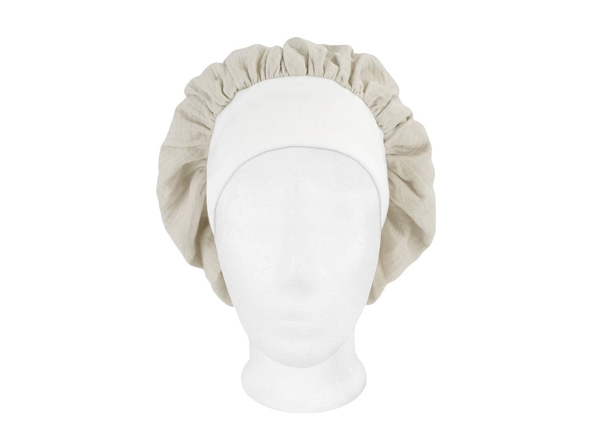 beties Musselin Bonnet Haarhaube Mandel Beige – vorderansicht, 100% Bio-Baumwolle Musselin