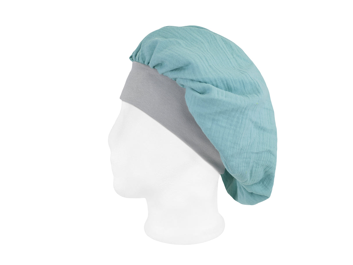 beties Musselin Bonnet Haarhaube Mineral Blau – seitenansicht, 100% Bio-Baumwolle Musselin