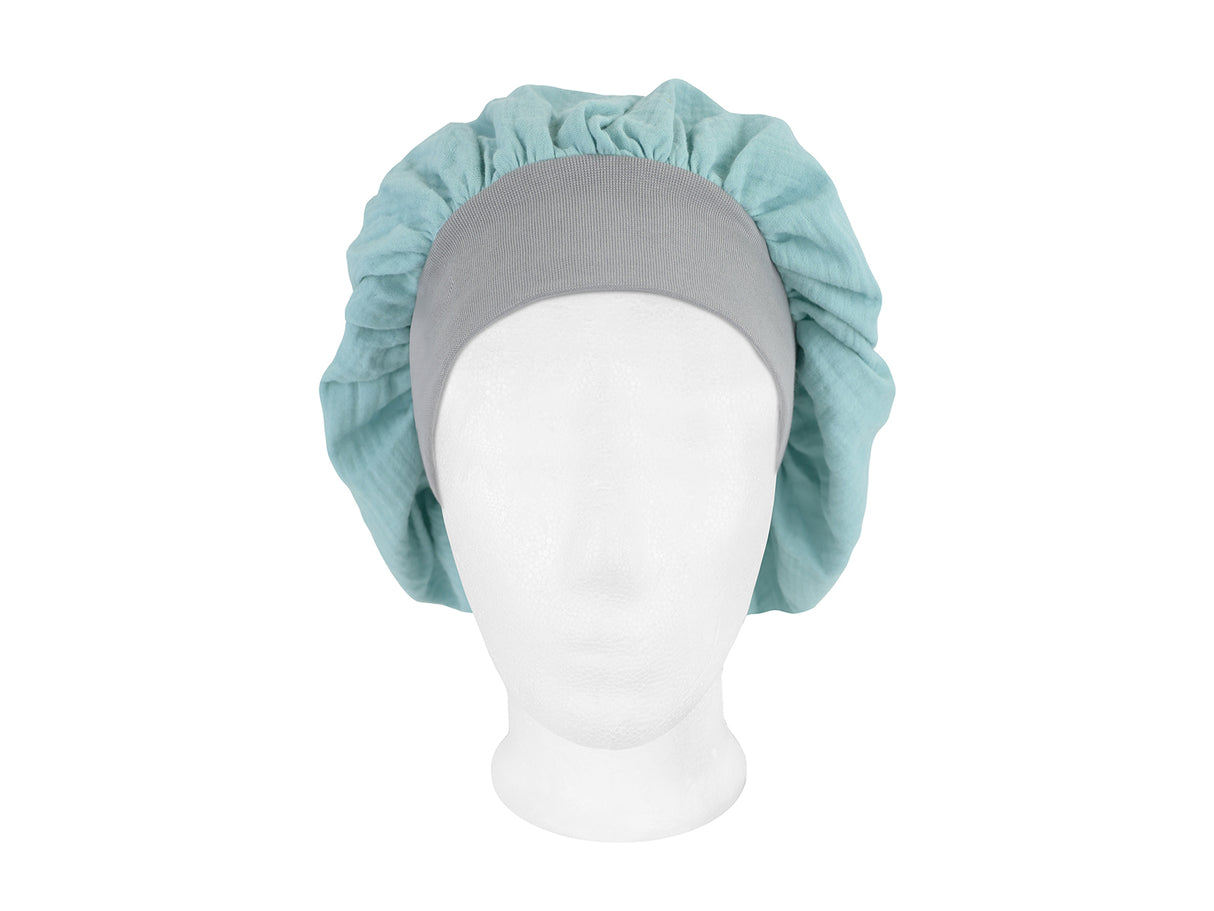 beties Musselin Bonnet Haarhaube Mineral Blau – vorderansicht, 100% Bio-Baumwolle Musselin