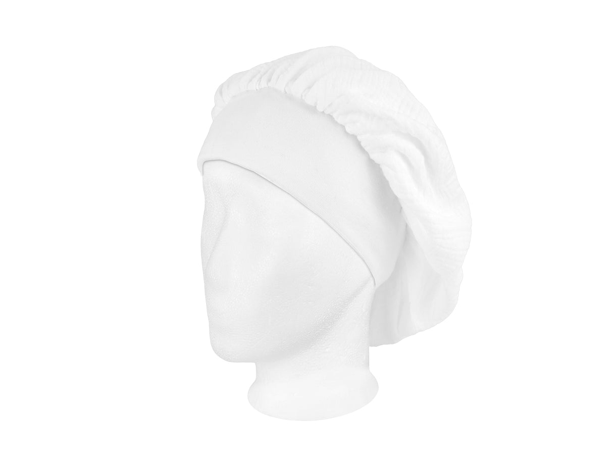 beties Musselin Bonnet Haarhaube Polar Weiß – Schrägansicht, 100% Bio-Baumwolle Musselin