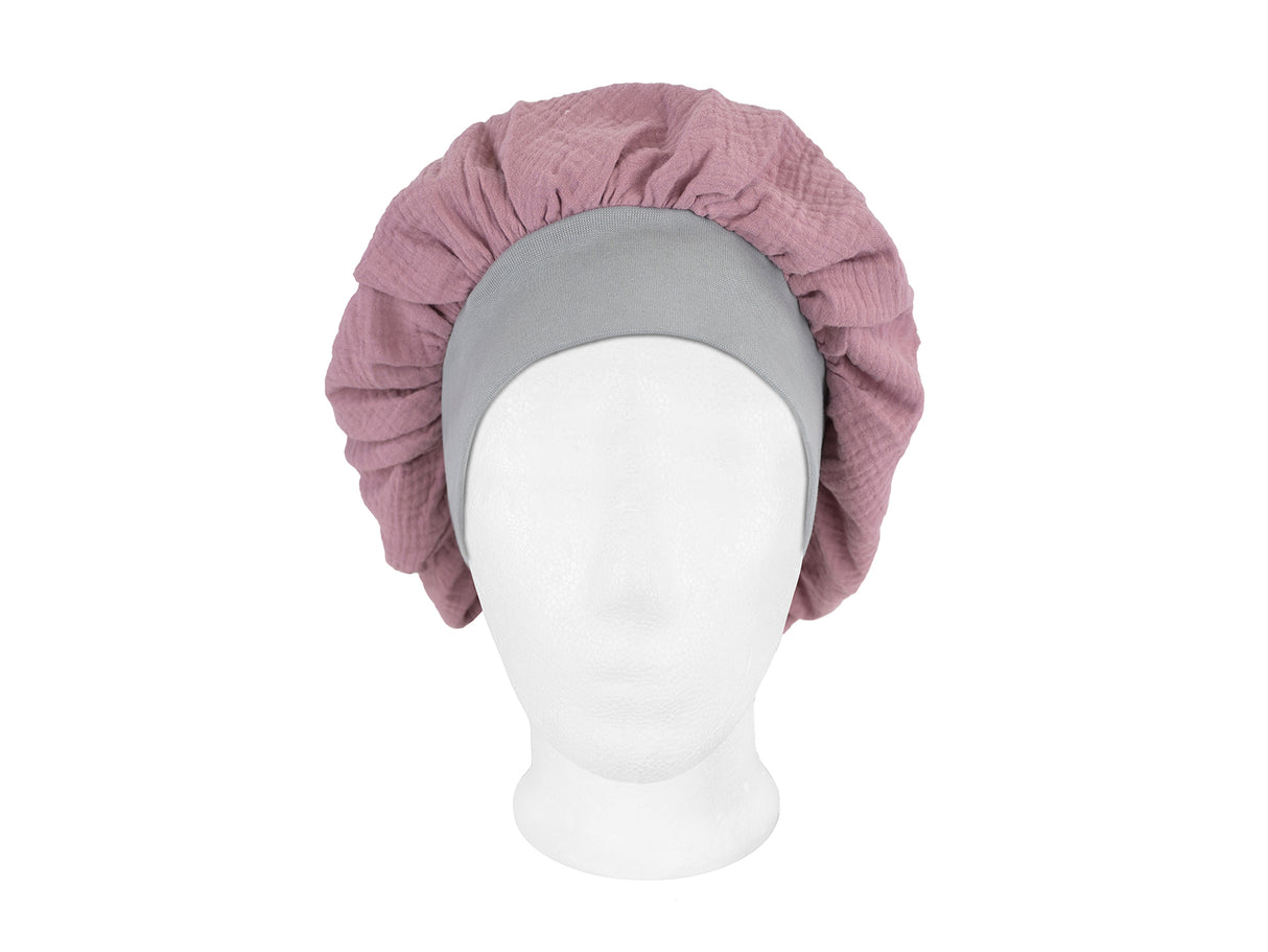 beties Musselin Bonnet Haarhaube Rosenholz – vorderansicht, 100% Bio-Baumwolle Musselin
