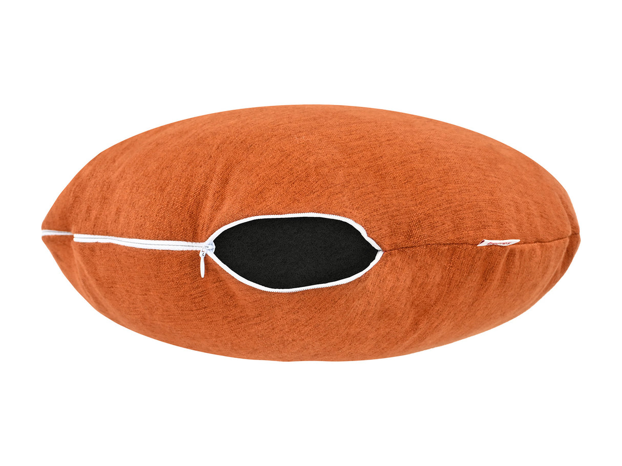 beties Wunschton Kissenhülle rund Ø50 cm Terracotta Orange – liegend mit offenem Reißverschluss, melierter Möbelstoff