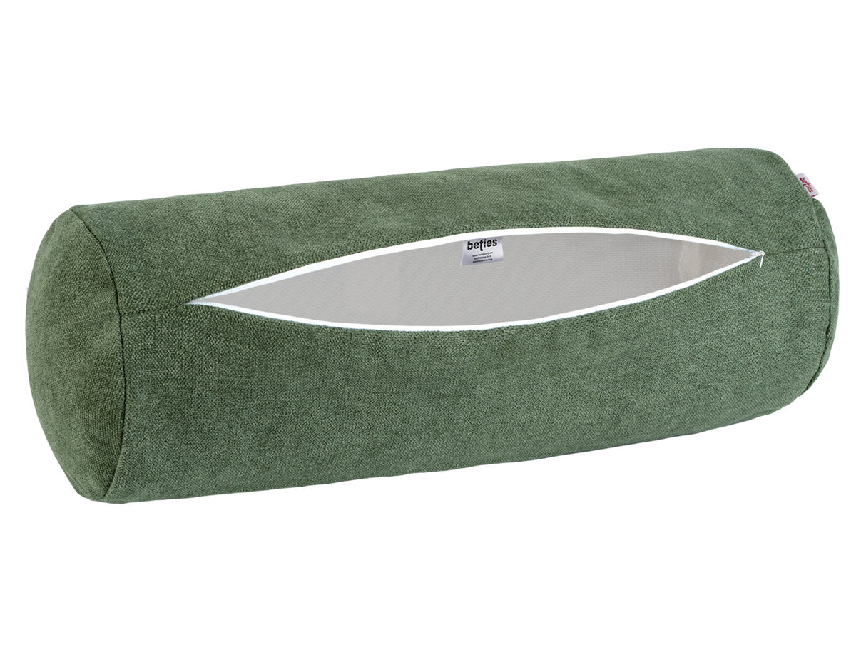 XL Rollenhülle 25x70 cm oliven-grün beties „FarbTon" – Kissenbezug mit geöffnetem Reißverschluss, Seitenansicht