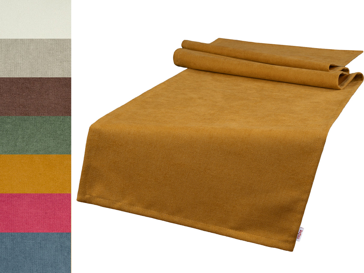Curry-gelber Tischläufer ca. 40x140 cm Chenille-Haptik beties "FarbTon". Seitlich sind alle 7 erhaeltliche Farben des Tischlaeufers abgebildet.