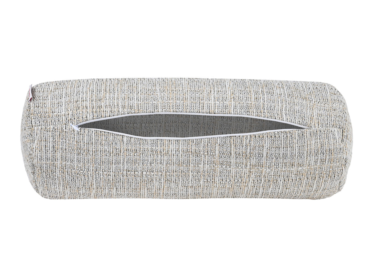 beties Freiluft Melange Outdoor-nackenrollenhülle 15x40 cm Beige Frontansicht – wetterfeste Rundkissenhülle für Garten