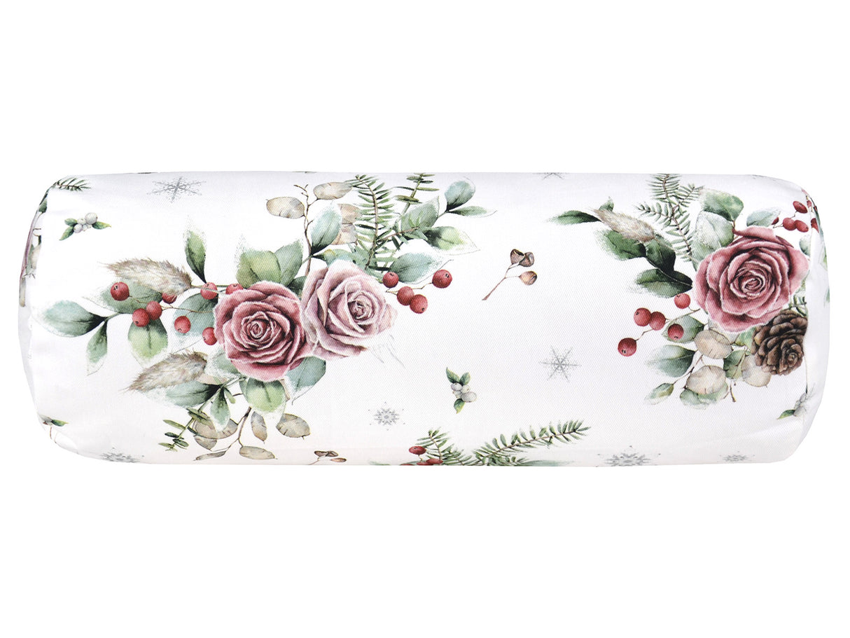 Weisse Nackenrollenhuelle ca. 15x40 cm – Winterdeko mit rosa, gefrosteten Rosen, Tannenzapfen und Zweigen. – 100% Baumwolle – Aus der beties Magie des Winters "Frost-Rose" Kollektion.