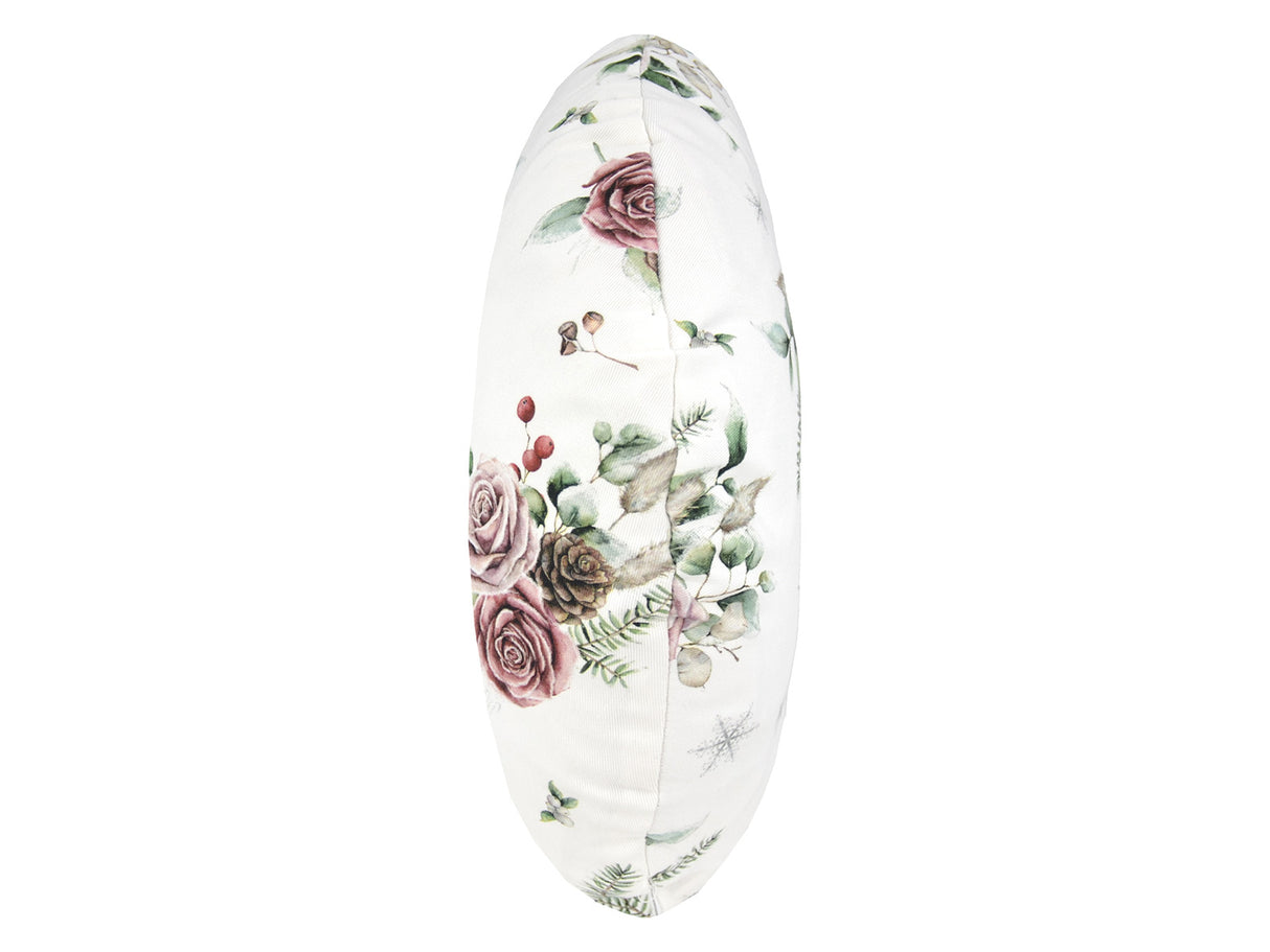 Runde, weisse Kissenhuelle ca. 40 cm im Durchmesser seitliche Ansicht – Winterdeko mit gefrosteten Rosen in rosa – 100% Baumwolle – aus der beties Magie des Winters "Frost-Rose" Kollektion.