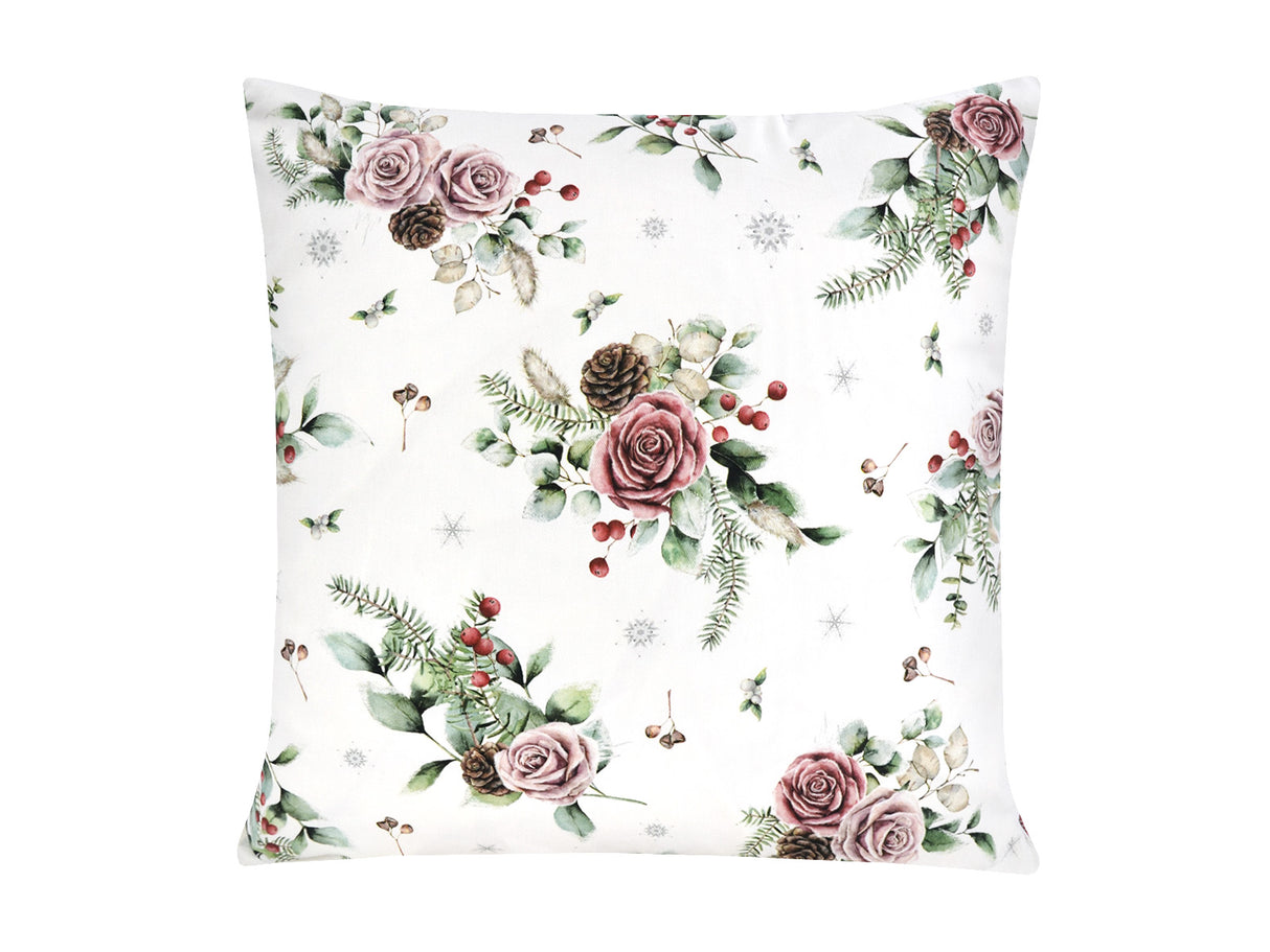 Weisse Kissenhuelle ca. 50x50 cm – Winterdeko mit rosanen gefrosteten Rosen, Kieferzapfen und Zweigen im Allloverdruck – 100% Baumwolle – Aus der beties Magie des Winters "Frost-Rose" Kollektion.