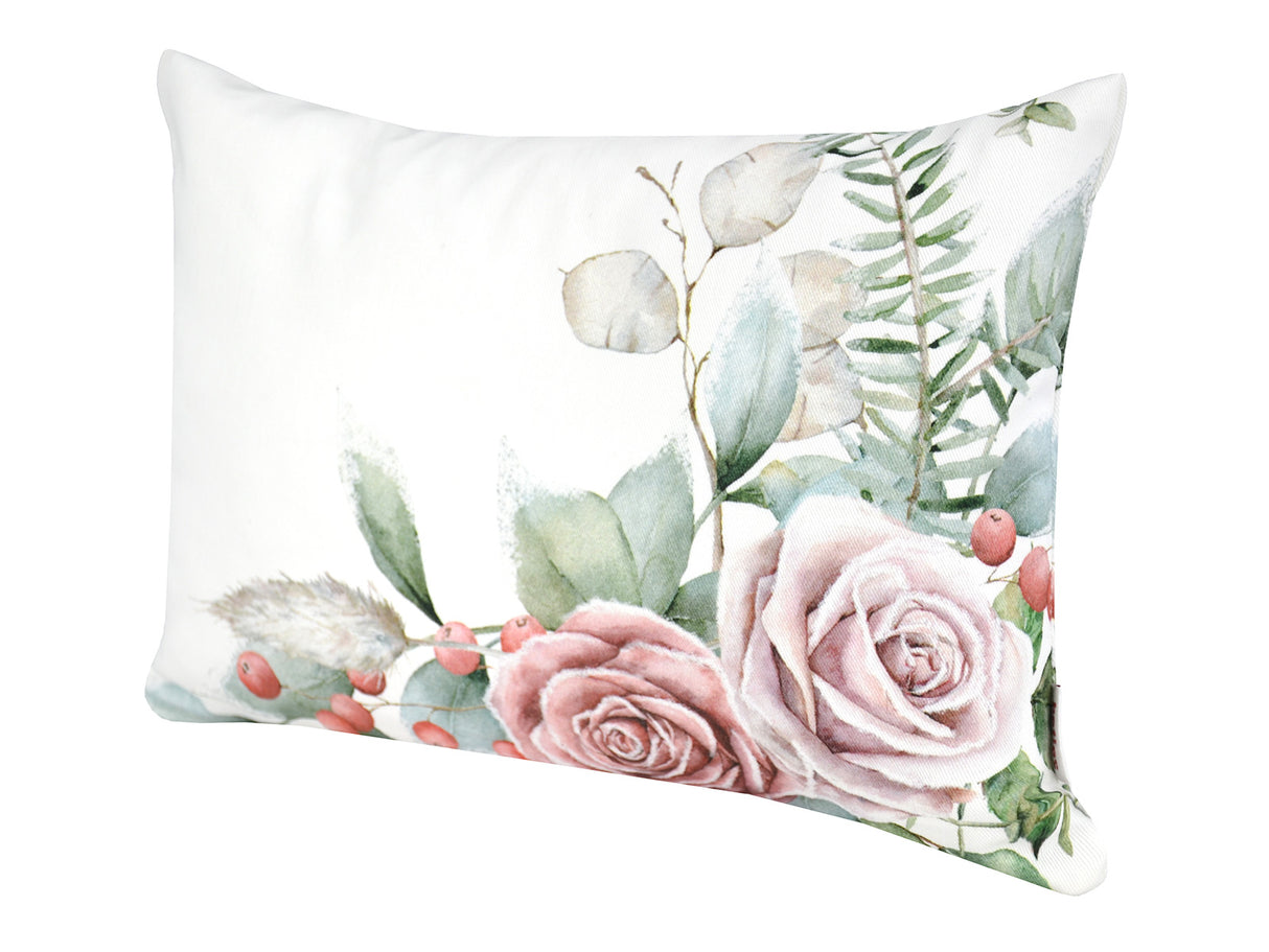 Weisse Kissenhuelle ca. 25x35 cm – Winterdeko mit gefrostetem Rosen-Bukett in mauve – 100% Baumwolle – Aus der beties Magie des Winters "Frost-Rose-Bukett" Kollektion.