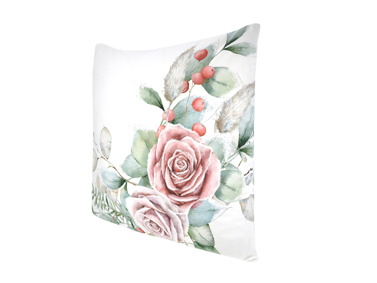 Weisse Kissenhuelle ca. 50x50 cm – Winterdeko mit rosa gefrosteten Rosen Bukett und Zweigen – 100% Baumwolle – Aus der beties Magie des Winters "Frost-Rose Bukett" Kollektion.