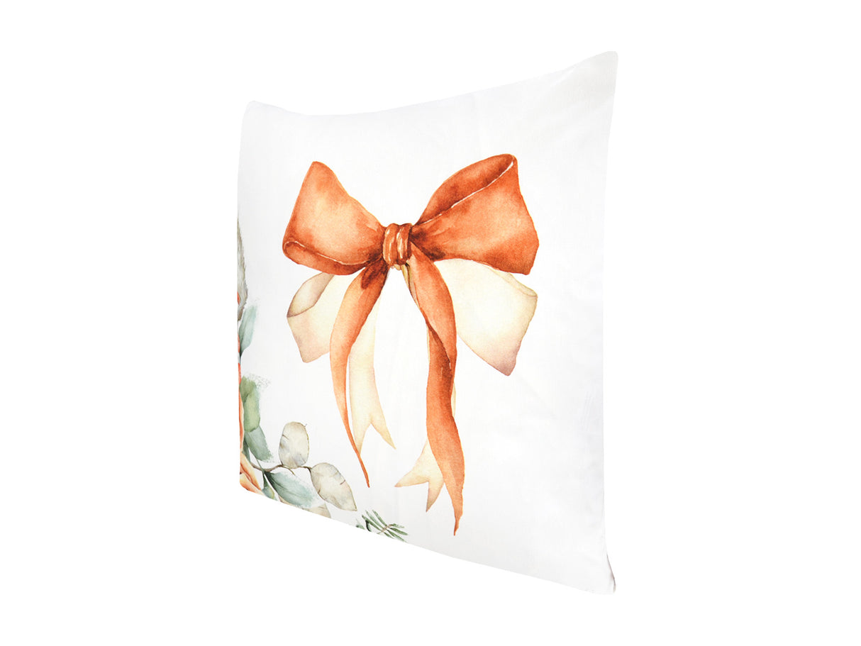Weisse Kissenhuelle ca. 50x50 cm – Winterdeko mit oranger Schleife und orangen gefrosteten Rosen und Zweigen – 100% Baumwolle – Aus der beties Magie des Winters "Frost-Rose Schleife" Kollektion.