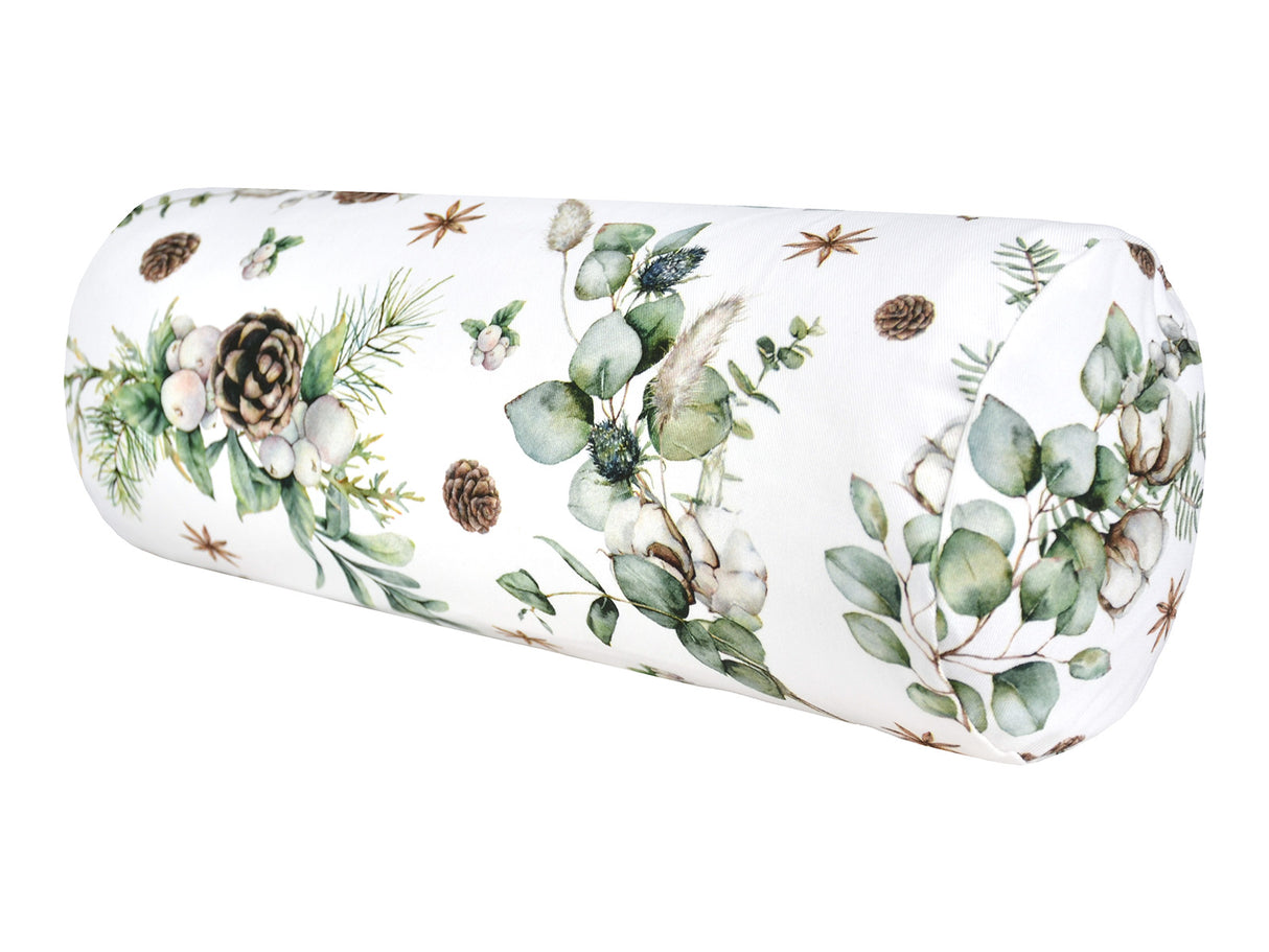 Weisse Nackenrollenhuelle ca. 15x40 cm – Winterdeko mit Tannenzapfen und Zweigen – 100% Baumwolle – aus der beties Kollektion, "Magie des Winters – Moggl"