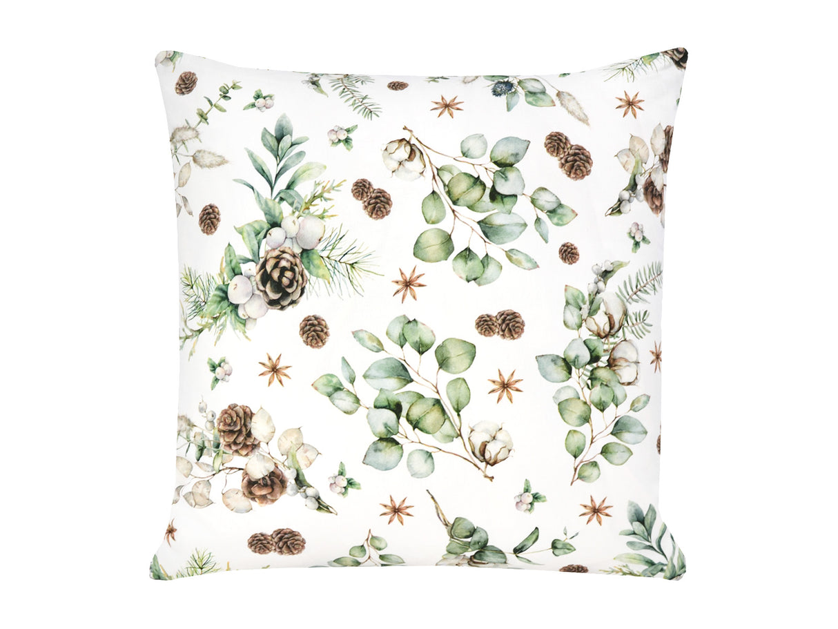 Weisse Kissenhuelle ca. 50x50 cm – Winterdeko mit Tannenzapfen – 100% Baumwolle – aus der beties Kollektion, Magie des Winters "Moggl"