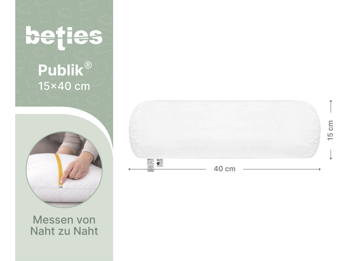 beties Publik Federkissen Nackenrolle 15x40 cm – Masszeichnung mit Laenge und Durchmesser in Zentimeter