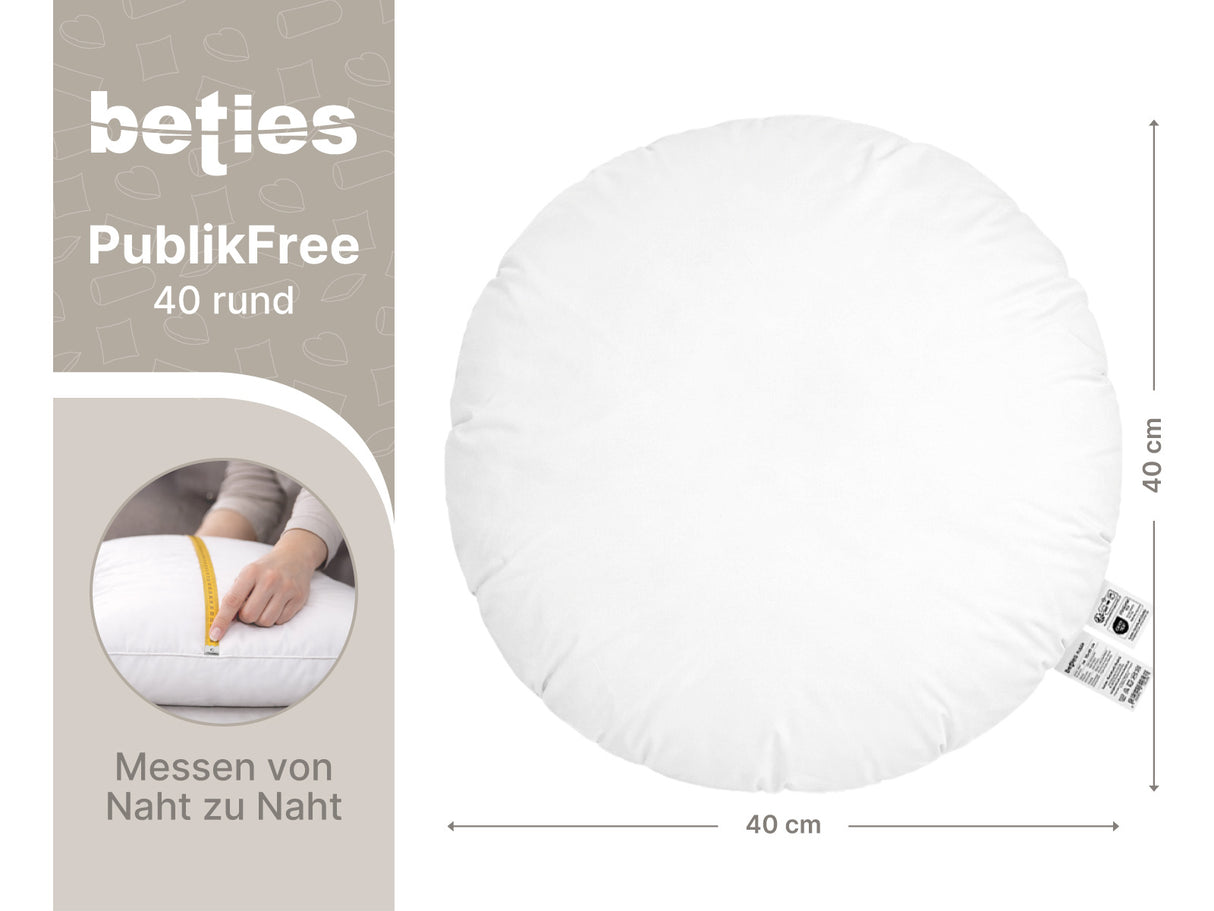 beties PublikFree Polyesterflocken Füllkissen 40 cm rund – Maßzeichnung Durchmesser 40 cm, rundes veganes Dekokissen ohne Federn, Kissenbezug Baumwolle