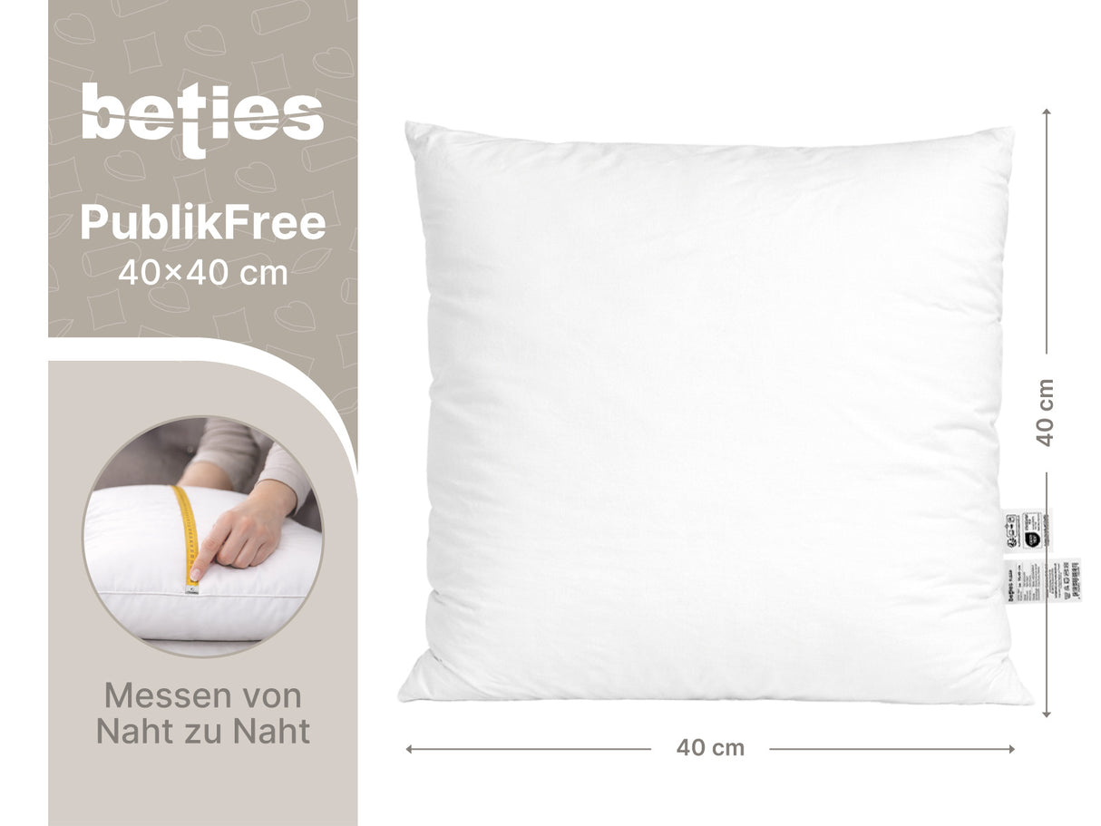 beties PublikFree Polyesterflocken Füllkissen 40x40 cm – Maßzeichnung Breite 40 cm Höhe 40 cm, veganes Dekokissen ohne Federn, Kissenbezug Baumwolle
