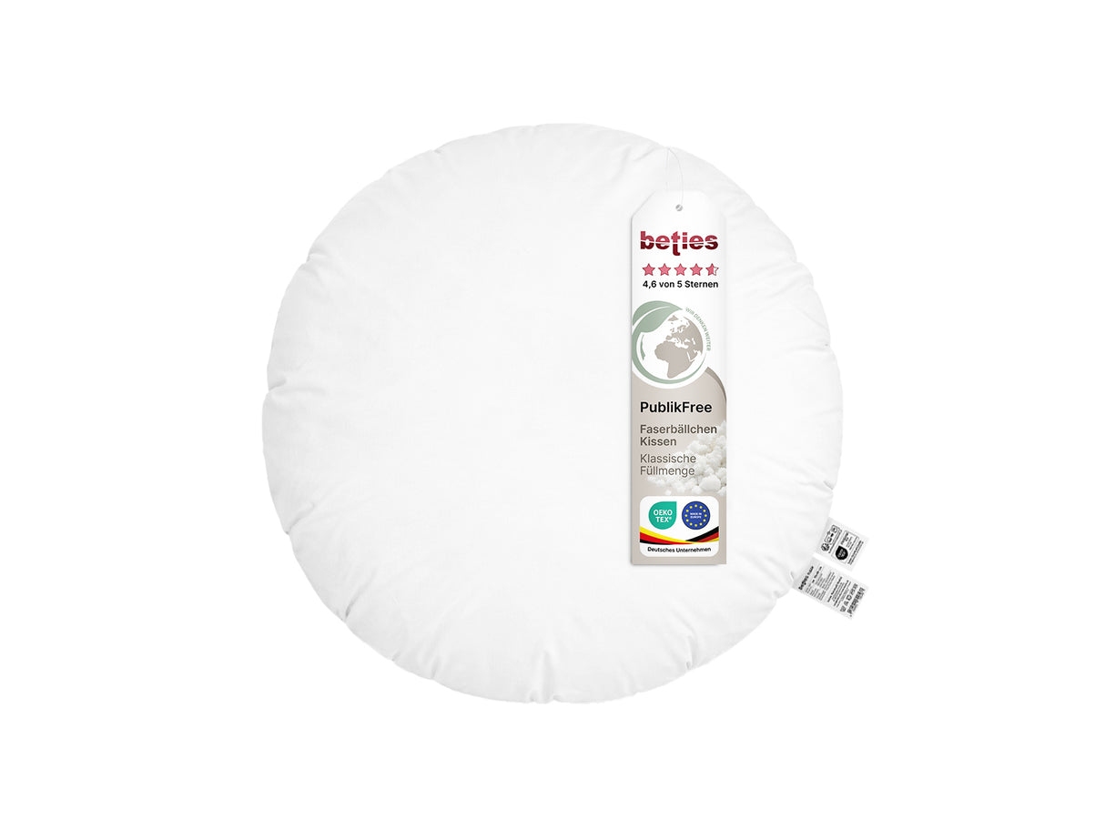 beties PublikFree Polyesterflocken Füllkissen 60 cm rund – Durchmesser 60 cm, rundes veganes Dekokissen ohne Federn, Kissenbezug Baumwolle mit etikett