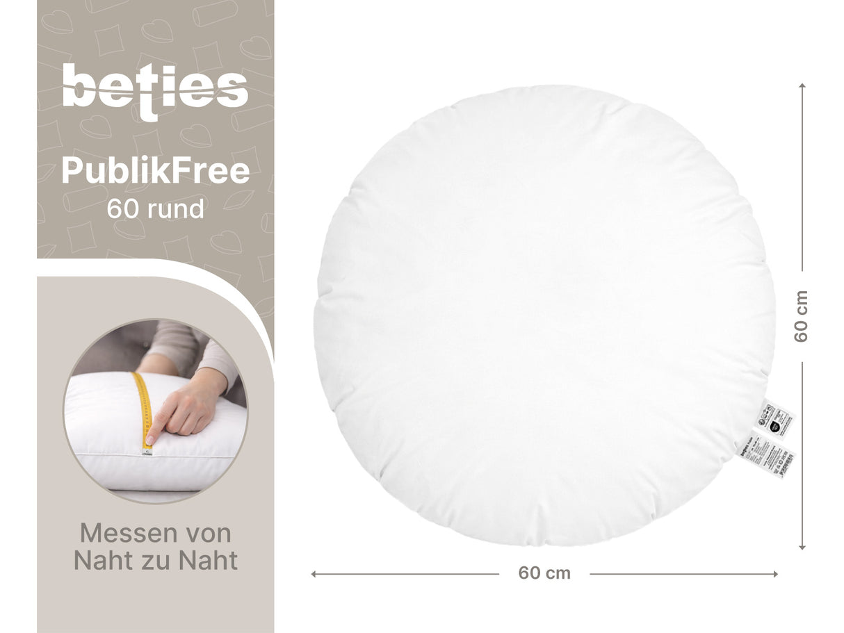 beties PublikFree Polyesterflocken Füllkissen 60 cm rund – Maßzeichnung Durchmesser 60 cm, rundes veganes Dekokissen ohne Federn, Kissenbezug Baumwolle