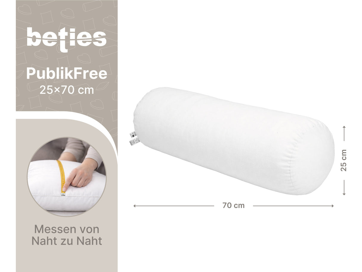 beties PublikFree Polyesterflocken XL-Rolle Beinrolle Yogarolle 25x70 cm – Maßzeichnung Länge 70 cm Durchmesser 25 cm, veganes Füllkissen ohne Federn