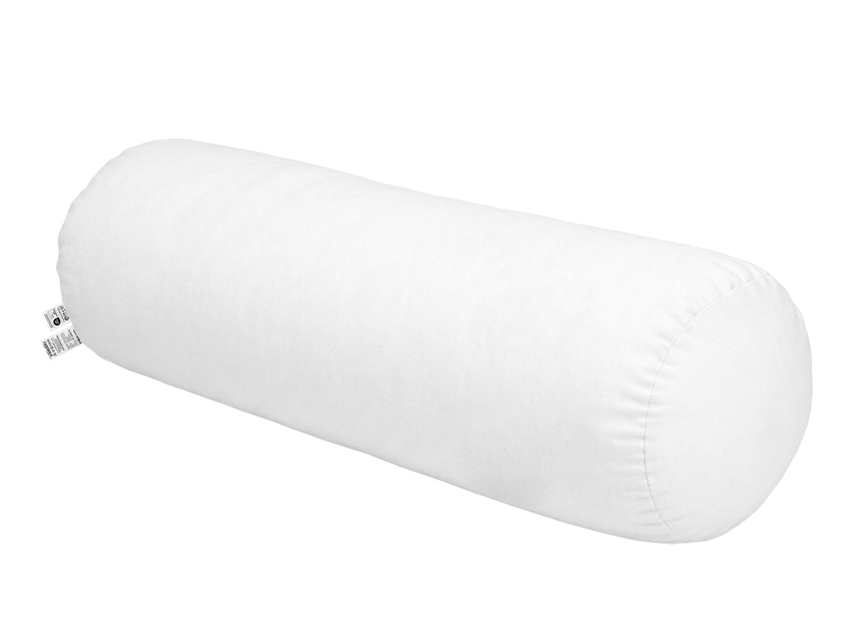 beties PublikFree Polyesterflocken XL-Rolle Beinrolle Yogarolle 25x70 cm – weiße Rolle mit klassischer veganer Polyesterflocken-Füllung, Bezug aus weißem Baumwollstoff, freigestellt auf weißem Hintergrund
