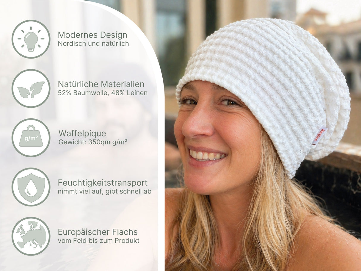 beties Pur Nature sauna beanie infos – Spa-Feeling zu Hause, Waffelpiqué aus Leinen-Baumwoll-Mix fakten
