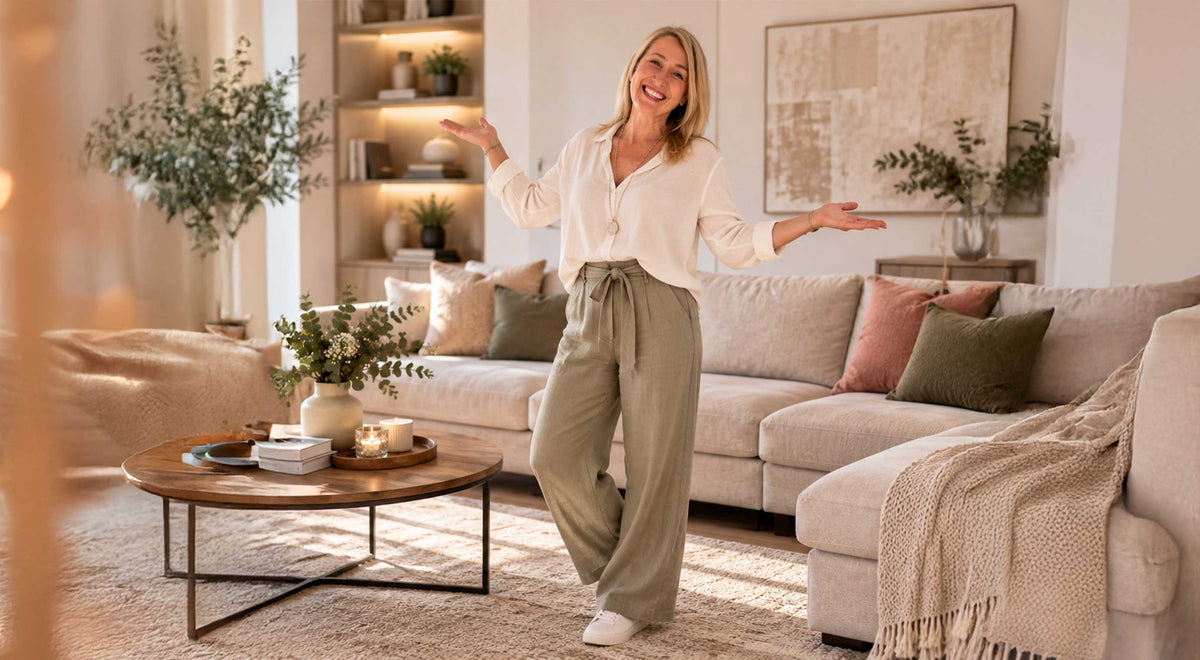 Bettina Ruepp von beties steht lächelnd vor einem Sofa mit Dekokissen in einem hellen Wohnzimmer