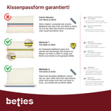 Anleitung zum richtigen Messen des Kissens, mit einem flexiblen Massband von Naht zu Naht inklusive der Kissenrundung.