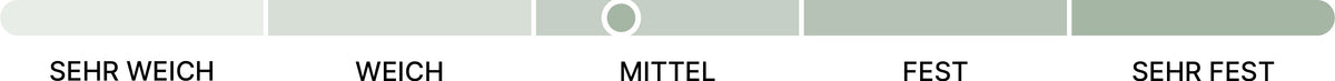 beties Publik Innenkissen mit horizontaler 5-stufiger Festigkeitsskala von sehr weich über weich, mittel und fest bis sehr fest. Der weiße Markierungskreis befindet sich im Bereich ‚Mittel‘