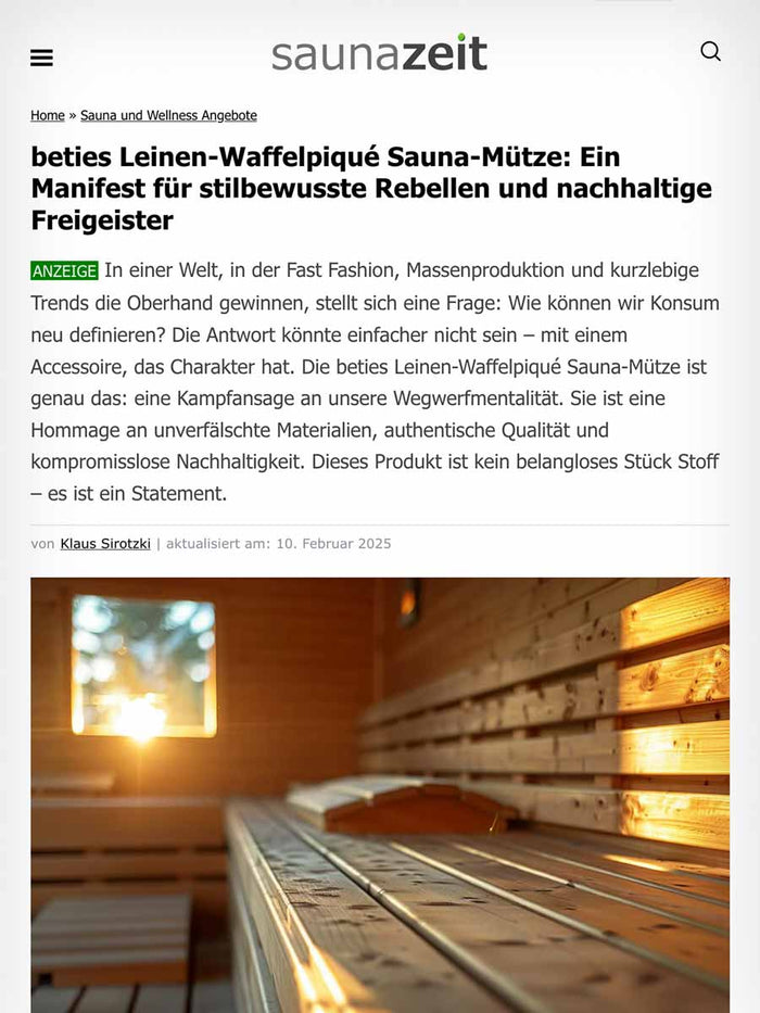 Saunazeit Magazin artikel über den beties Waffelpique sauna Beanie