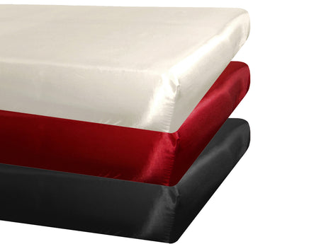 Spannbetttuecher ca. 140x200 cm Glanz Satin PREMIUM schwere Qualität & edel, fein fließend in den Farben champagner, karmin-rot und schwarz.