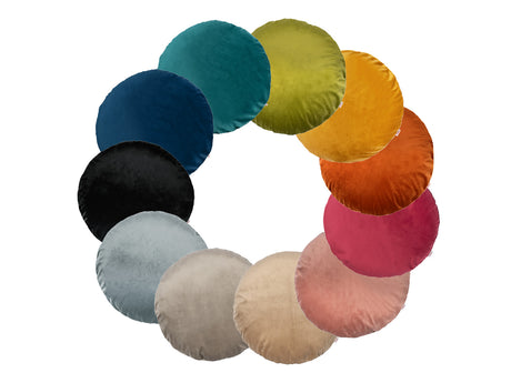 Kissenhülle rund ca. 50 cm Ø kuscheliger Samt aus der beties Samt&Sonders Serie. In den uni Farben mai-gruen, curry-senf-gelb, rost-orange, karmin-rot,altrosa, braun-beige, taupe, stein-grau, schwarz, admiral-blau und petrol.