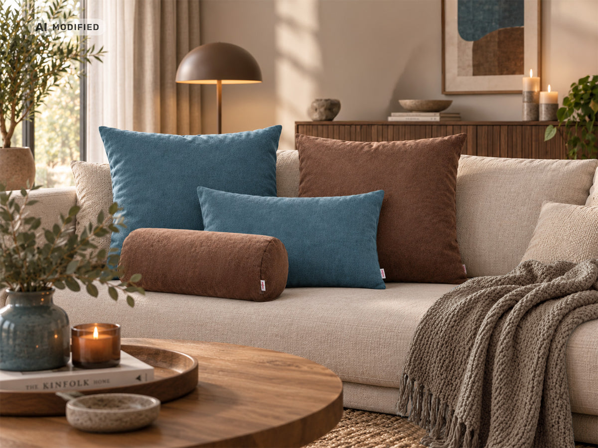 Dekokissen-Set 4-teilig mit Füllung – Chenille in Braun und Blau | beties Chenille Harmonie