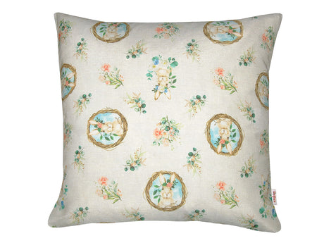 Cushion cover approx. 50x50 cm, romantic bunny motif with willow wreath and pink flowers in country style, beties "Hase Josefine"