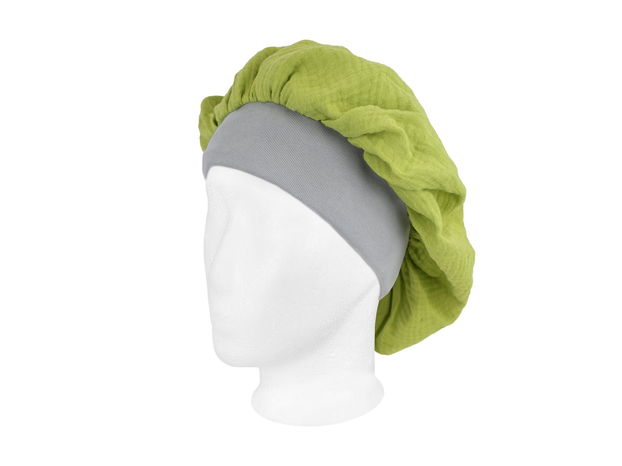  beties Musselin Bonnet Haarhaube Linden Grün – schrägansicht, 100% Bio-Baumwolle Musselin 