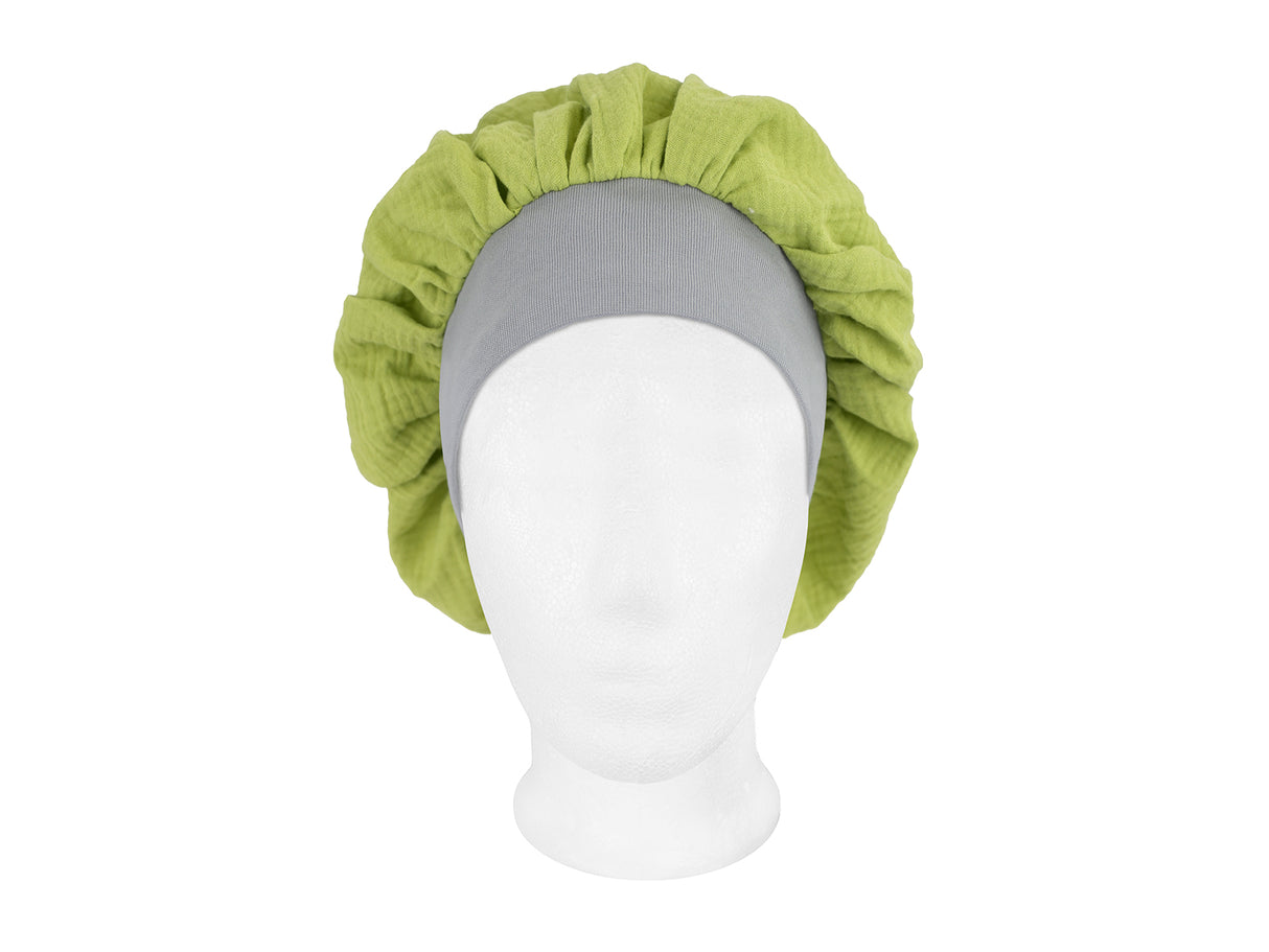  beties Musselin Bonnet Haarhaube Linden Grün – vorderansicht, 100% Bio-Baumwolle Musselin 
