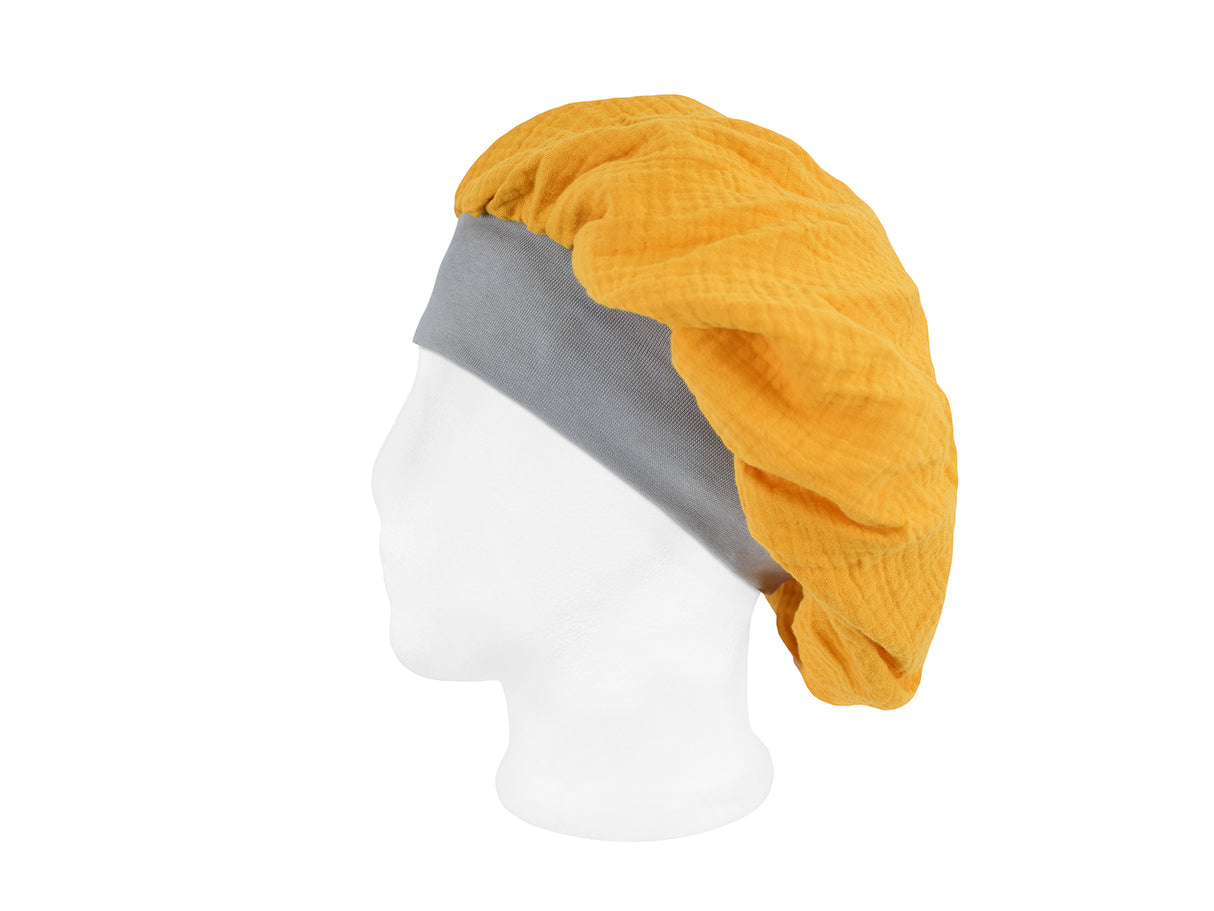  beties Musselin Bonnet Haarhaube Manuka Gelb – seitenansicht, 100% Bio-Baumwolle Musselin 