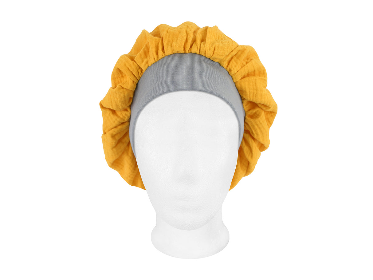  beties Musselin Bonnet Haarhaube Manuka Gelb – vorderansicht, 100% Bio-Baumwolle Musselin 