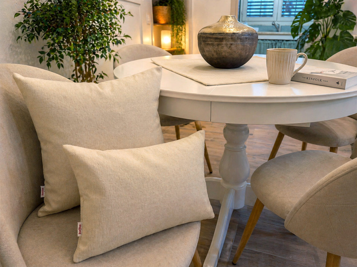  beties Wunschton Kissenhülle Macciato Beige – Milieu-Foto, melierter Möbelstoff Wohnzimmer Styling 