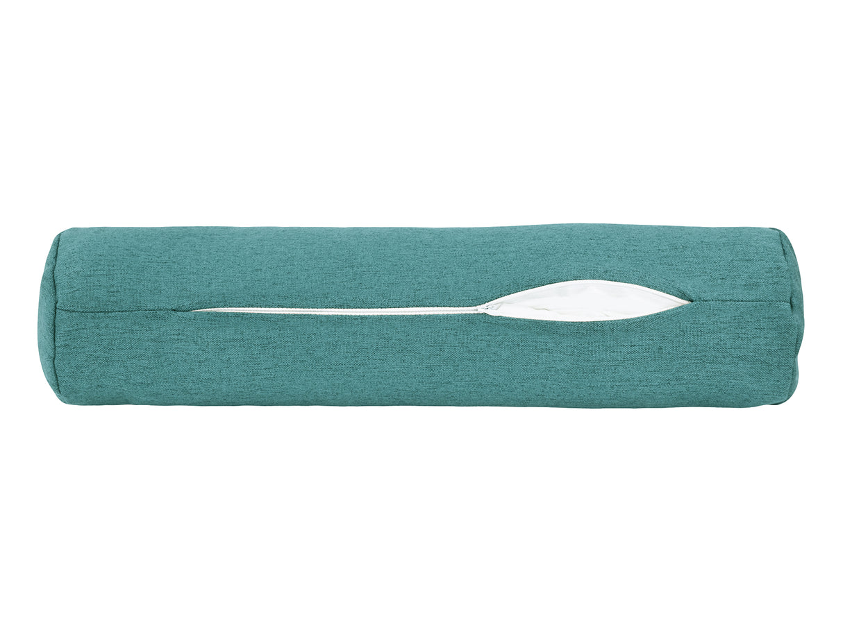  beties Wunschton Nackenrolle gefüllt 13x50 cm Teal Petrol – geöffneter Reißverschluss, melierter Möbelstoff 