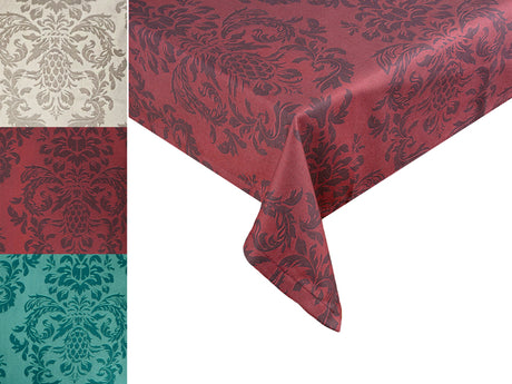 Rote Tischdecke, bedruckt mit barocken Ornamenten in einem dunkleren Rot. Daneben sind Farbmuster in Beige, Rot und Petrol, bedruckt mit barocken Ornamenten in derselben Farbe nur etwas dunkler.