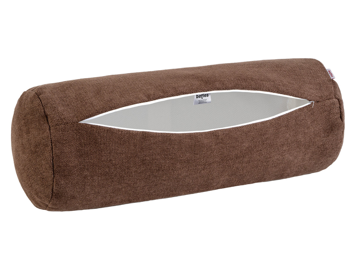 XL Rollenhülle 25x70 cm kaffeebohne-braun beties „FarbTon" – Kissenbezug mit geöffnetem Reißverschluss, Seitenansicht