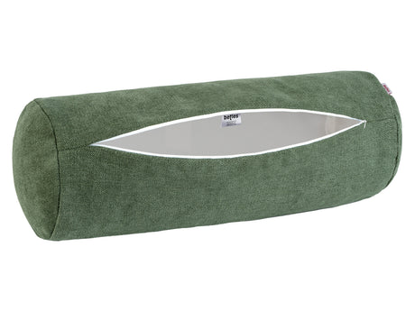 XL Rollenhülle 25x70 cm oliven-grün beties „FarbTon" – Kissenbezug mit geöffnetem Reißverschluss, Seitenansicht