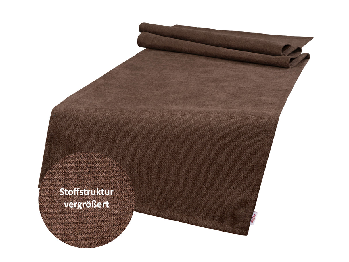 Tischläufer ca. 40x140 cm kaffeebohne-braun Chenille-Haptik beties "FarbTon" mit einem Detailbild der Stoffstrucktur.