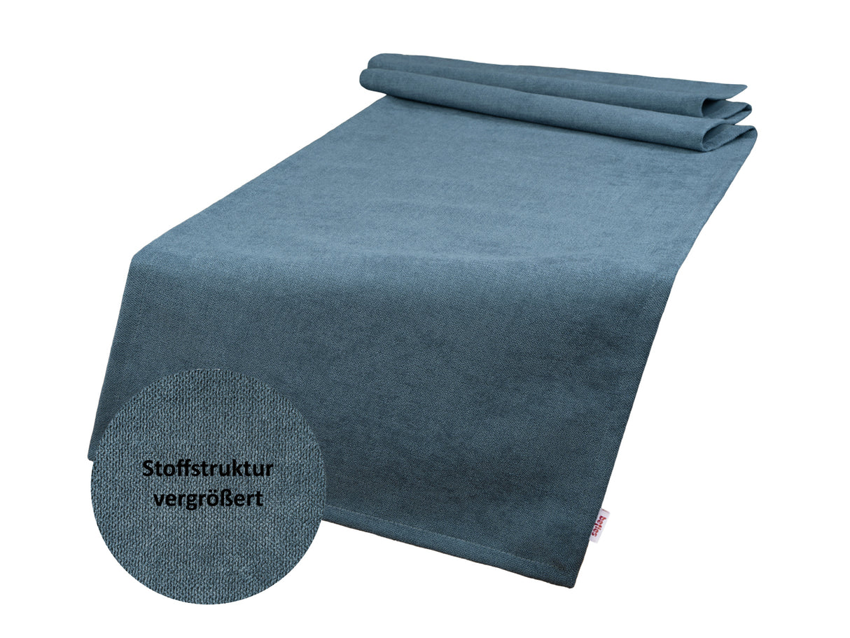 Tischläufer ca. 40x140 cm nordlicht-blau Chenille-Haptik beties "FarbTon" mit einem Detailbild der Stoffstrucktur.