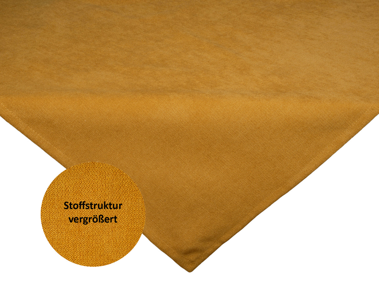 Mitteldecke curry-gelb Chenille-Haptik beties "FarbTon" mit einem Detailbild der Stoffstrucktur.