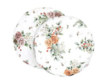 Runde, weisse Kissenhuellen ca. 40 cm im Durchmesser – Winterdeko mit gefrosteten Rosen in rosa oder orange – 100% Baumwolle – aus der beties Magie des Winters "Frost-Rose" Kollektion.